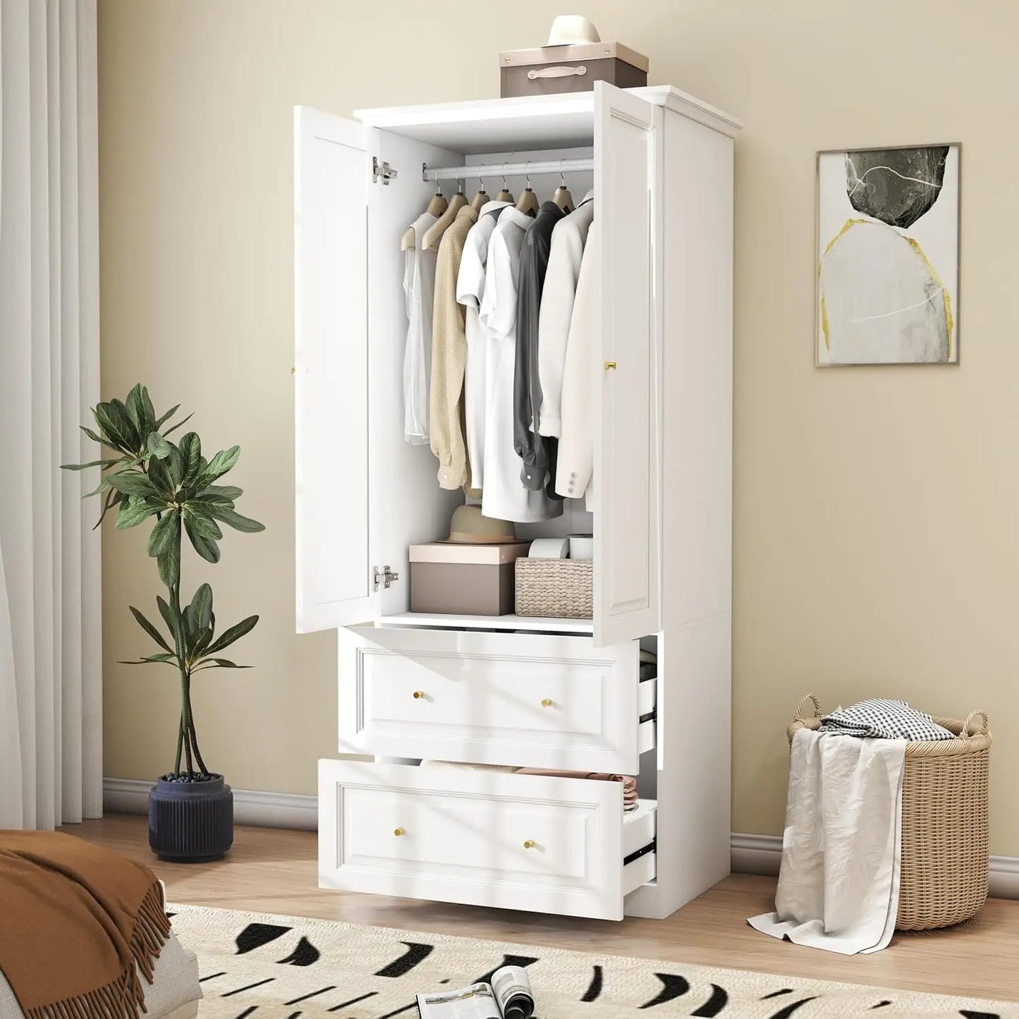 Engineered Wood Wardrobe Armoire With Two Doors And Drawers