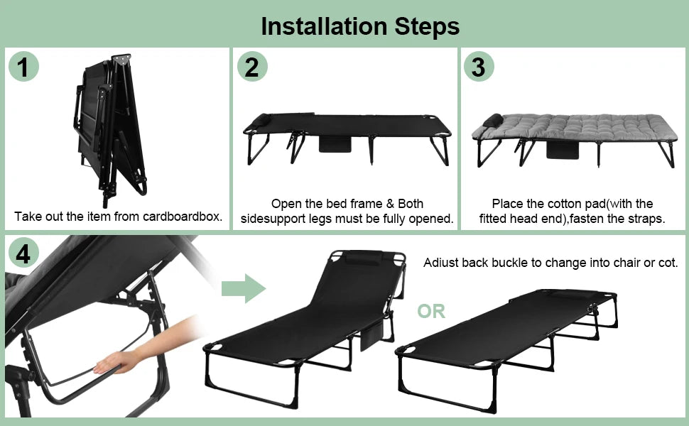 Lit de camp pliant portable 3 positions avec oreiller