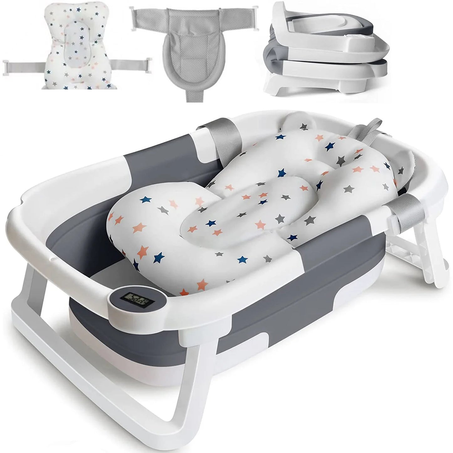 Baby Bath Tub With Cushion Thermometer Foldable Design