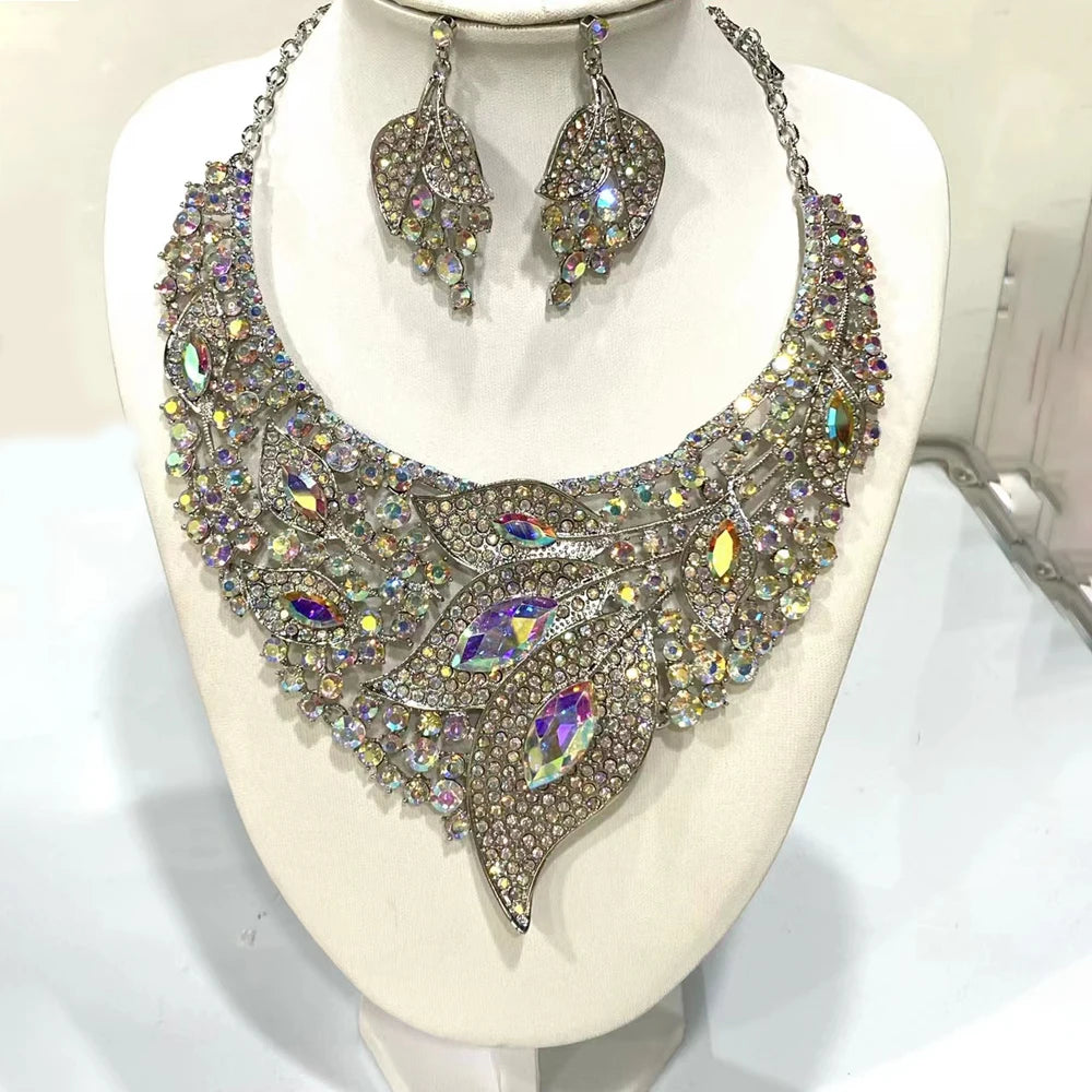 African Bridal Rhinestone Necklace And Earrings Set Wedding Jewelry