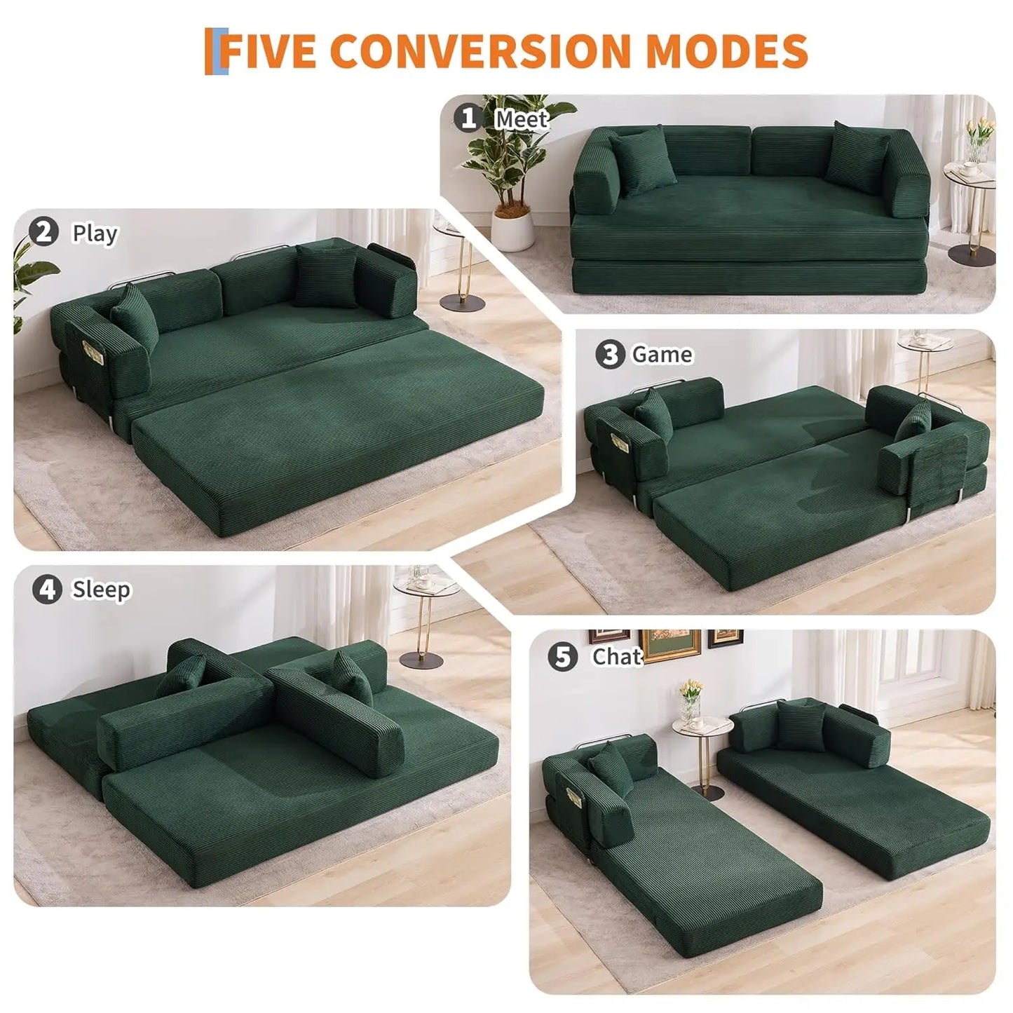 Convertible Sleeper Sofa 5-In-1 Folding Mattress Fixed Frame