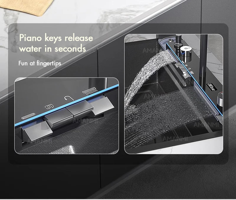 MYQualife 304 Stainless Steel Waterfall Kitchen Sink With Digital Display Faucet