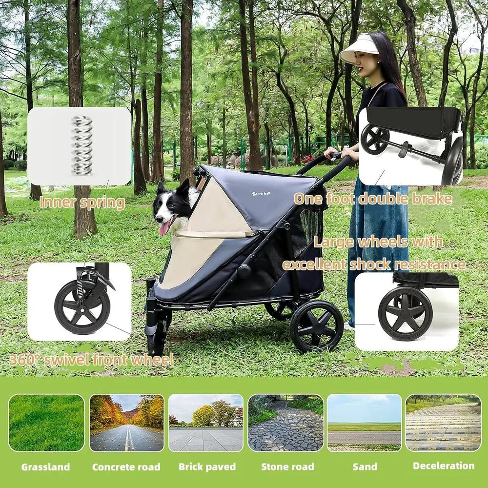 RBX One-Click Folding Dog Stroller For Two Dogs With Storage