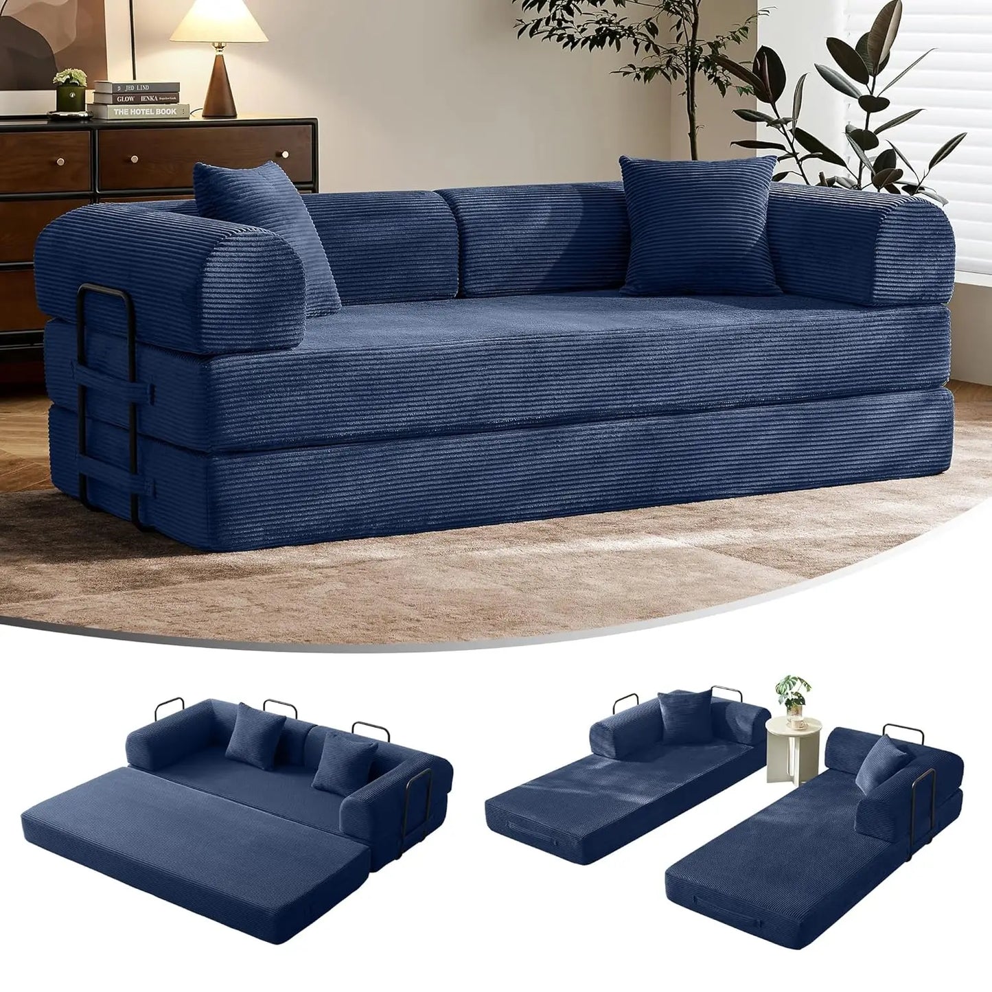 Corduroy Convertible Sofa Bed With Fixed Frame And Removable Armrests
