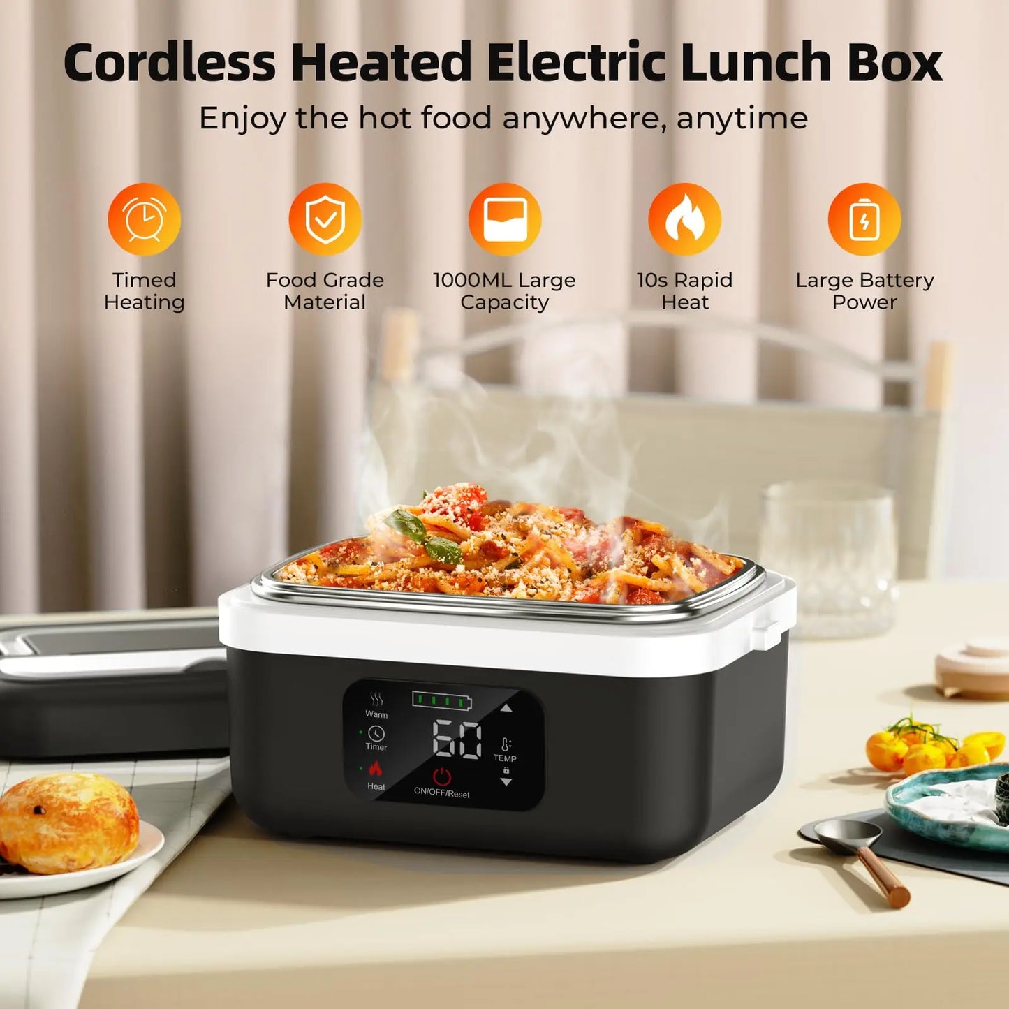 Wireless Electric Insulated Lunch Box With 60W Heating 8000mAh Battery