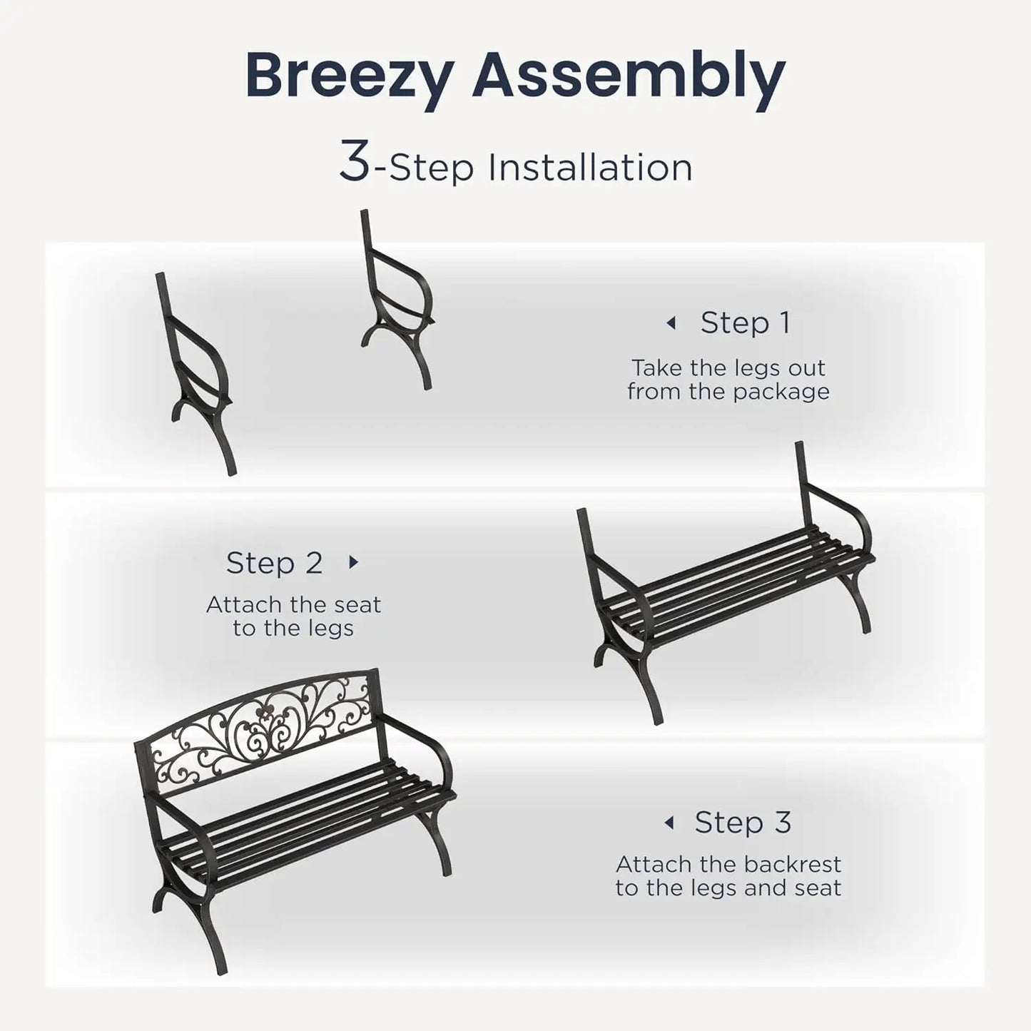 Cast Iron Garden Bench With Floral Backrest Slatted Seat
