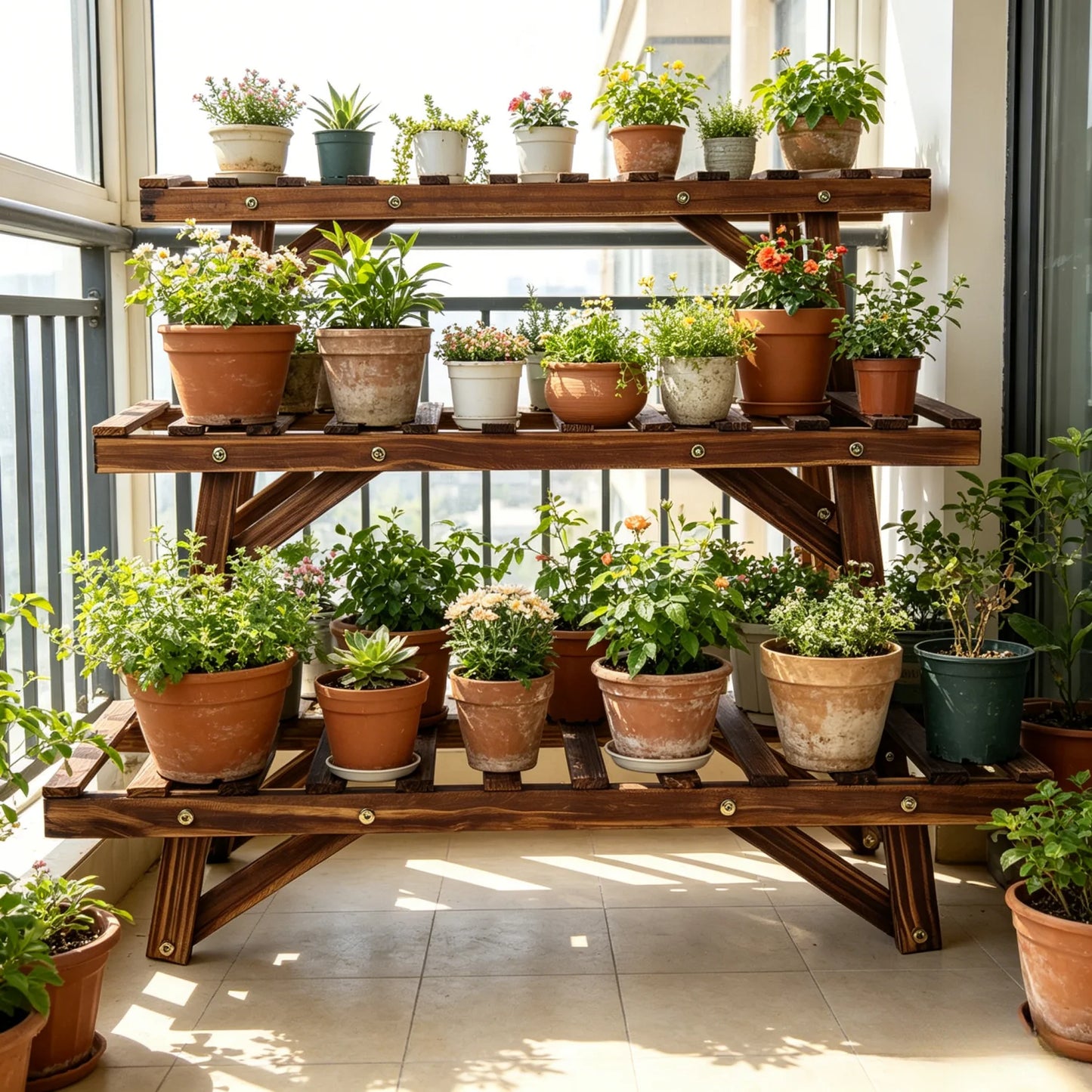 Three Tier Wood Ladder Shelf Plant Stand For Garden Balcony