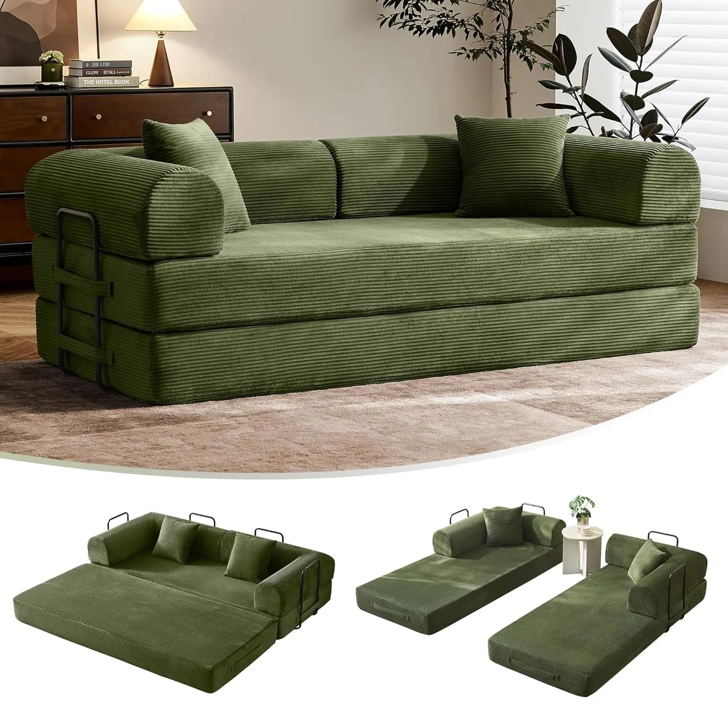 Corduroy Convertible Sofa Bed With Fixed Frame And Removable Armrests