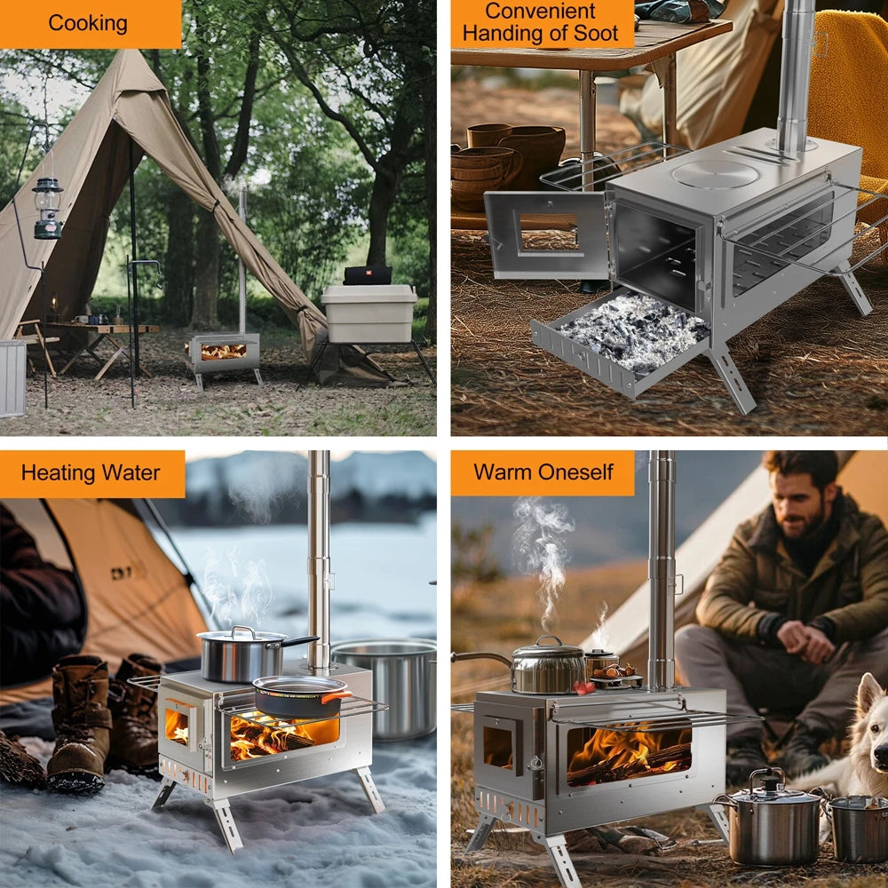 Portable Stainless Steel Wood Burning Stove With 7 Chimney Pipes