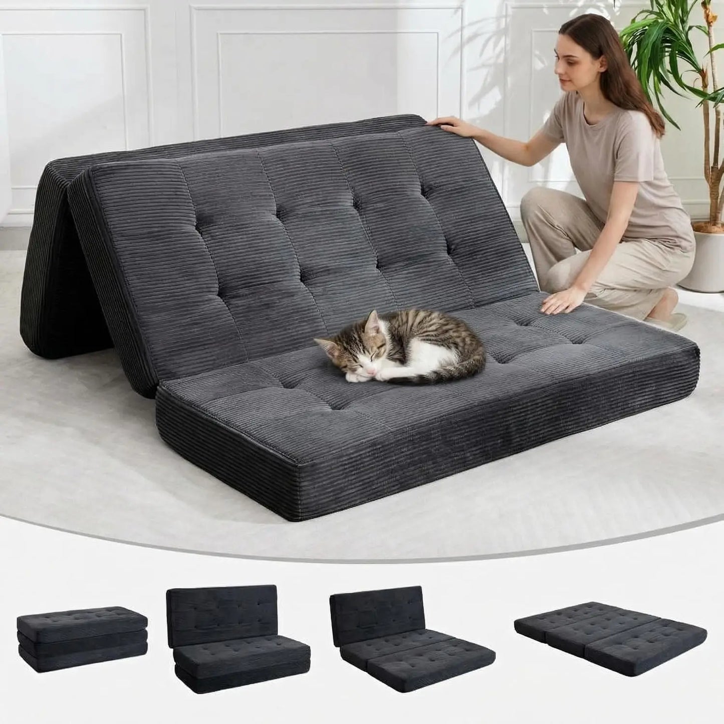 Convertible Sleeper Sofa 5-In-1 Folding Mattress Fixed Frame