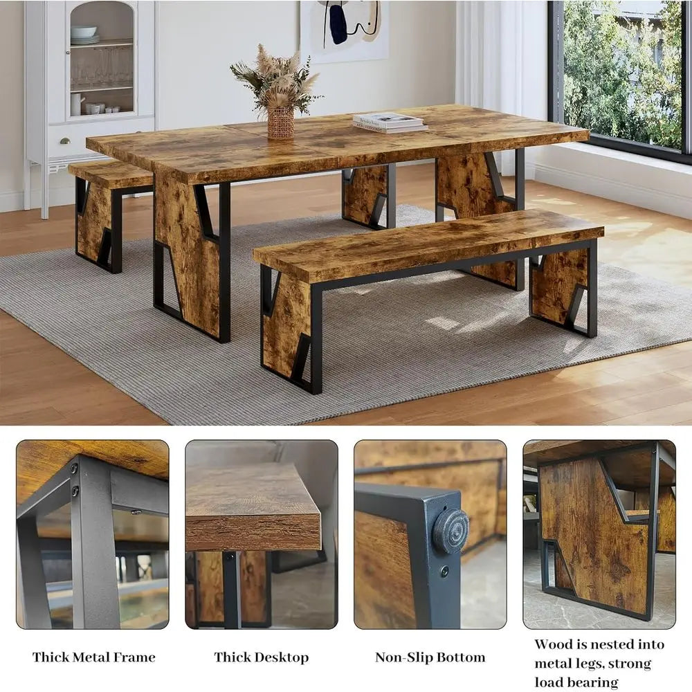 Modern Wooden Dining Table Set With Two Benches For Office