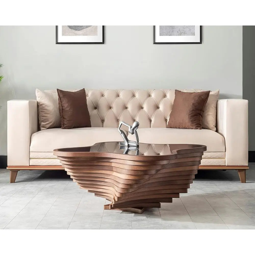 Contemporary Wave Coffee Table With Natural Walnut Veneer And Glass