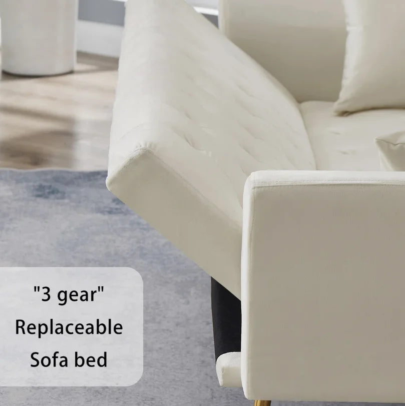 Velvet Convertible Futon Sofa Bed With Gold Metal Legs And 3 Position Backrest