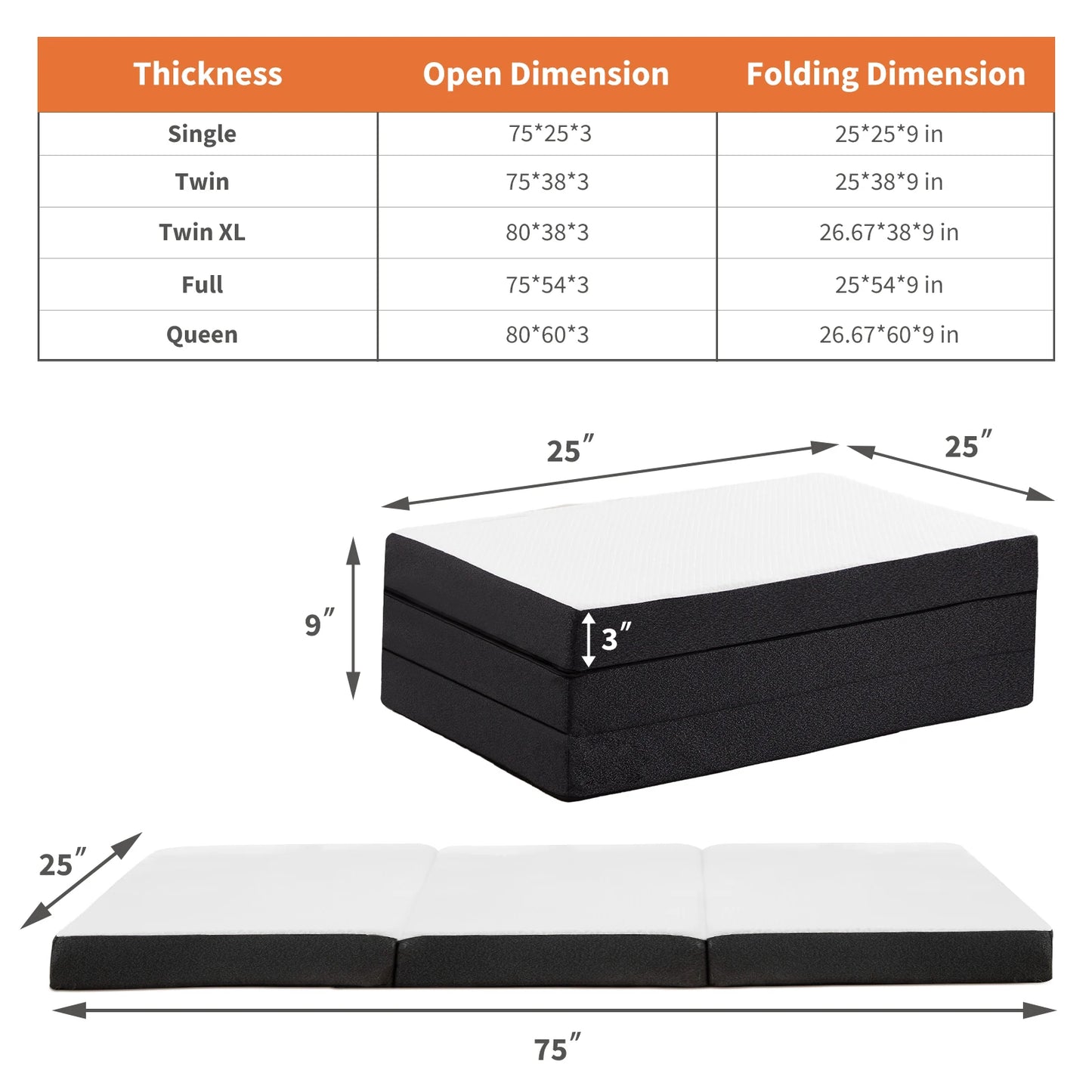 JHK Tri Fold Memory Foam Mattress With Washable Cover Travel