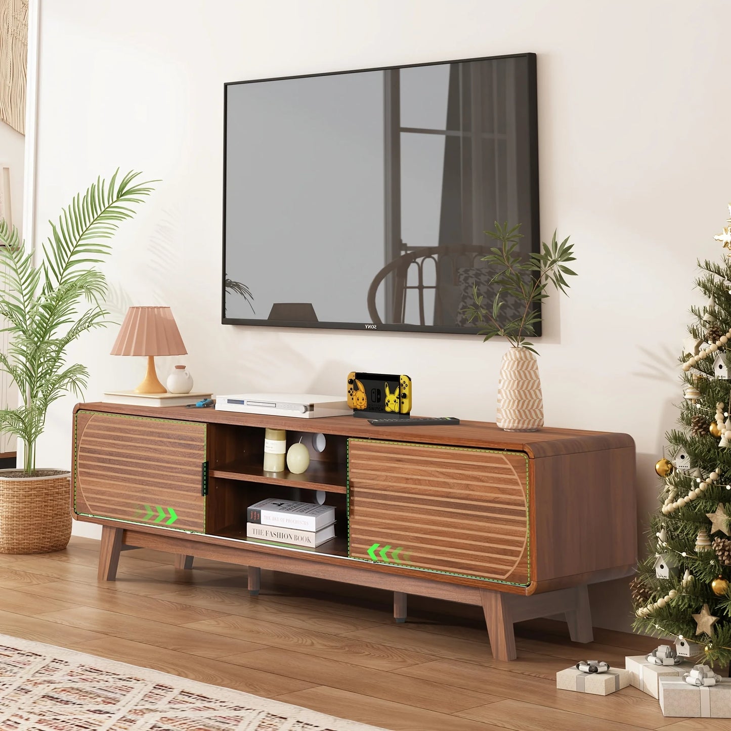 Mid Century Modern TV Stand With Fluted Sliding Door
