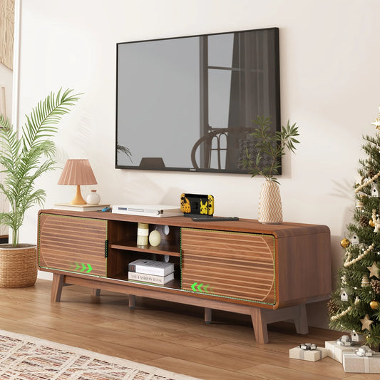 Mid Century Modern TV Stand With Fluted Sliding Door