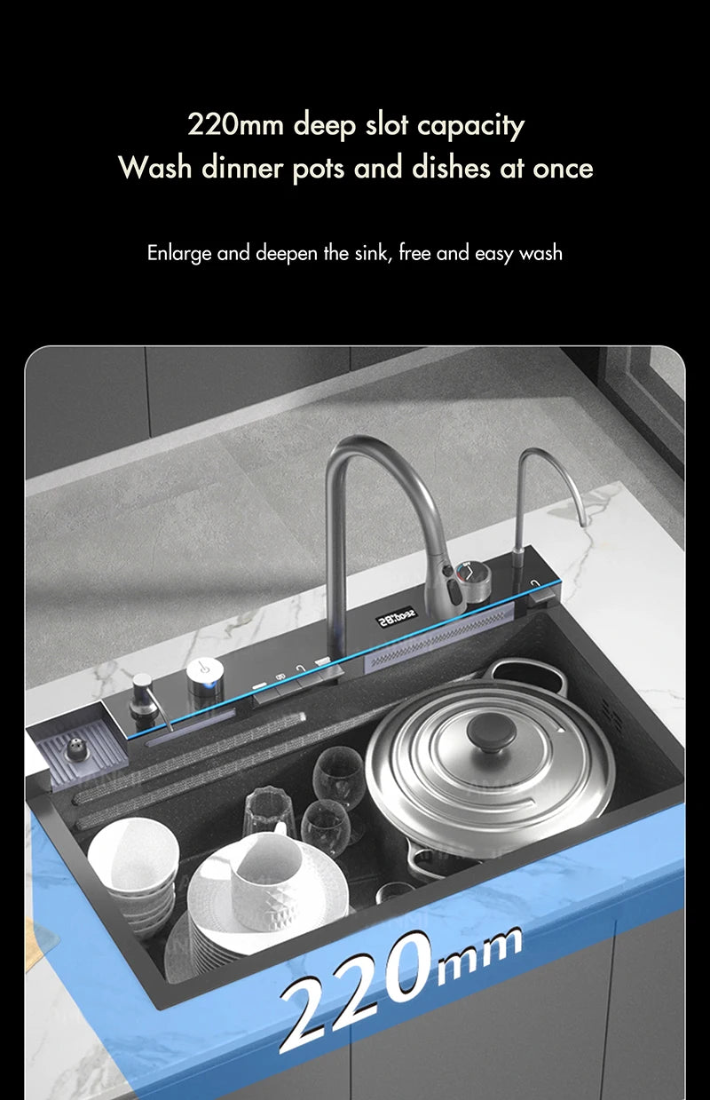 MYQualife 304 Stainless Steel Waterfall Kitchen Sink With Digital Display Faucet