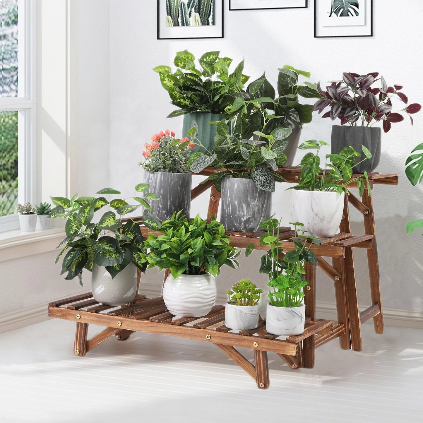 Three Tier Wood Ladder Shelf Plant Stand For Garden Balcony
