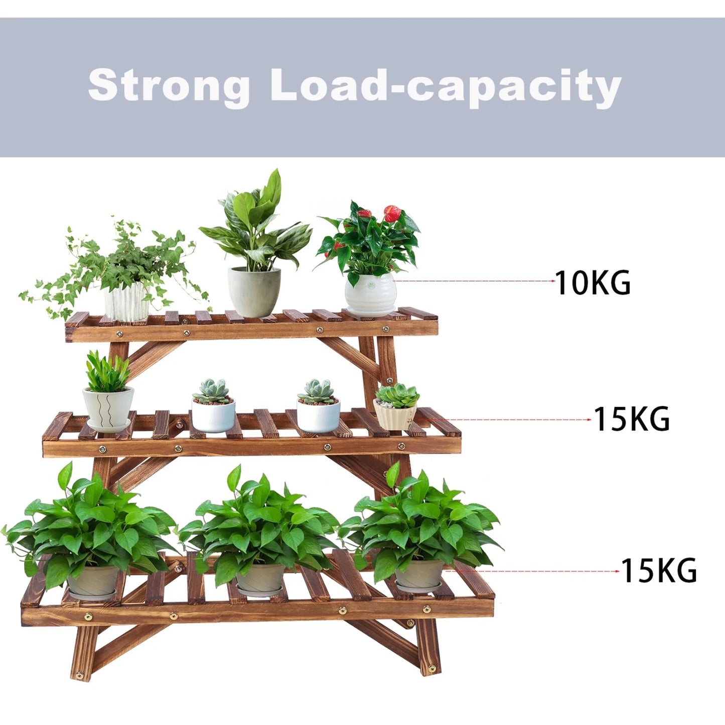 Three Tier Wood Ladder Shelf Plant Stand For Garden Balcony