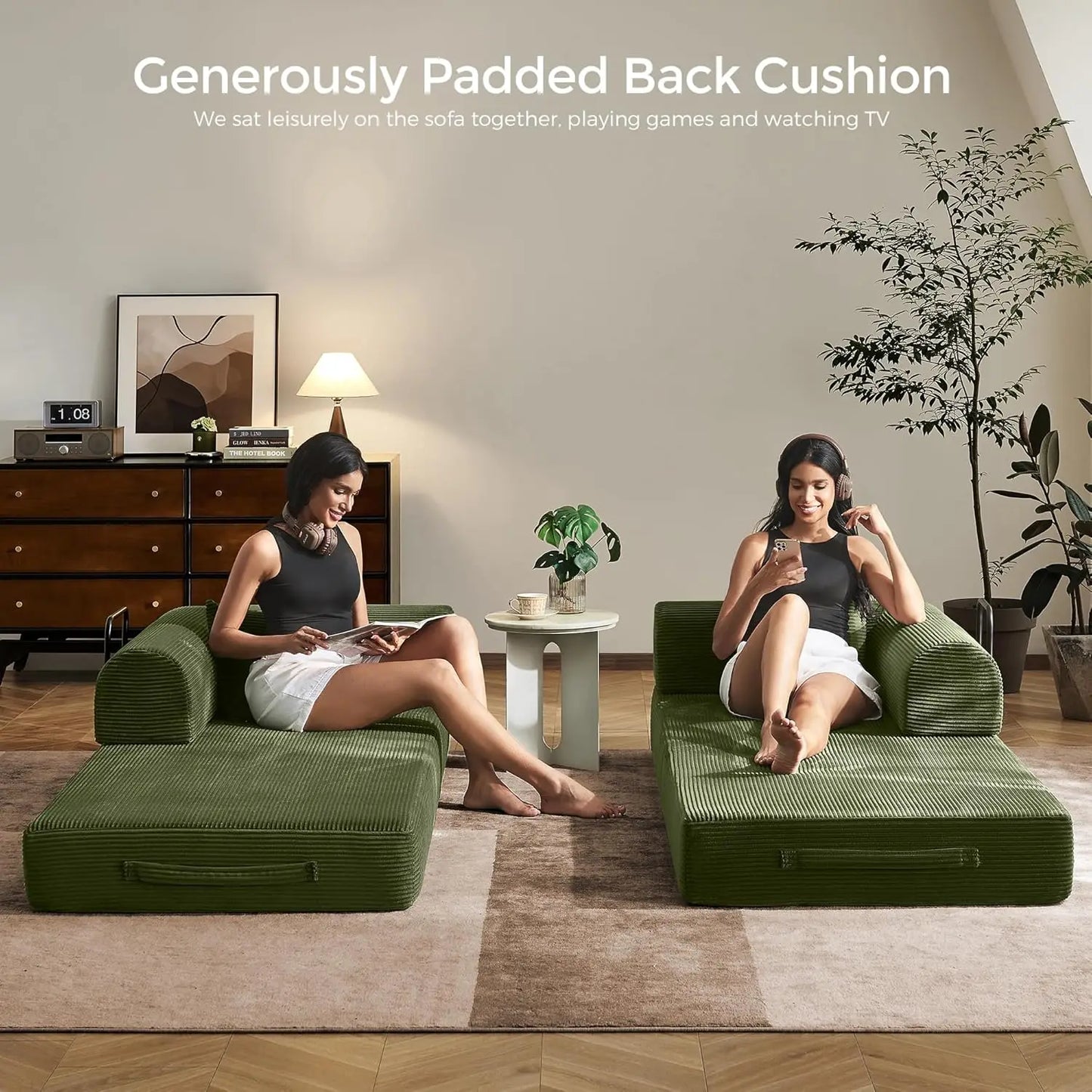 Corduroy Convertible Sofa Bed With Fixed Frame And Removable Armrests