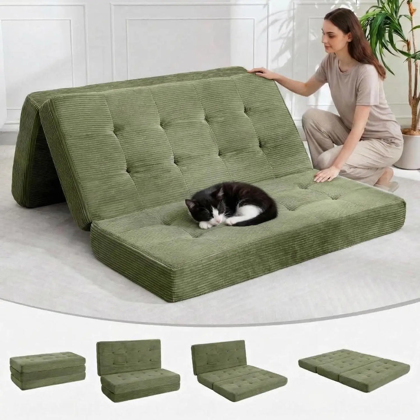 Convertible Sleeper Sofa 5-In-1 Folding Mattress Fixed Frame