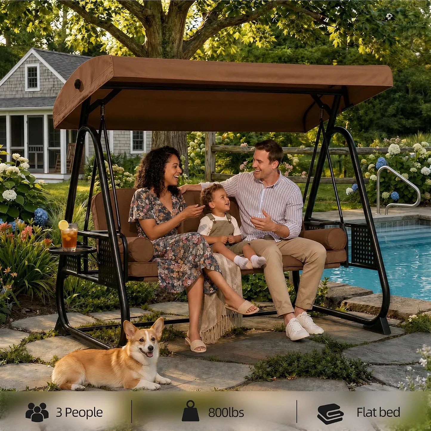 Outdoor Metal Patio Swing Chair With Canopy And Side Trays