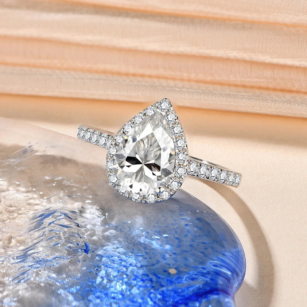 Minty Box Pear Cut Moissanite Halo Ring 18K Gold Plated Engagement