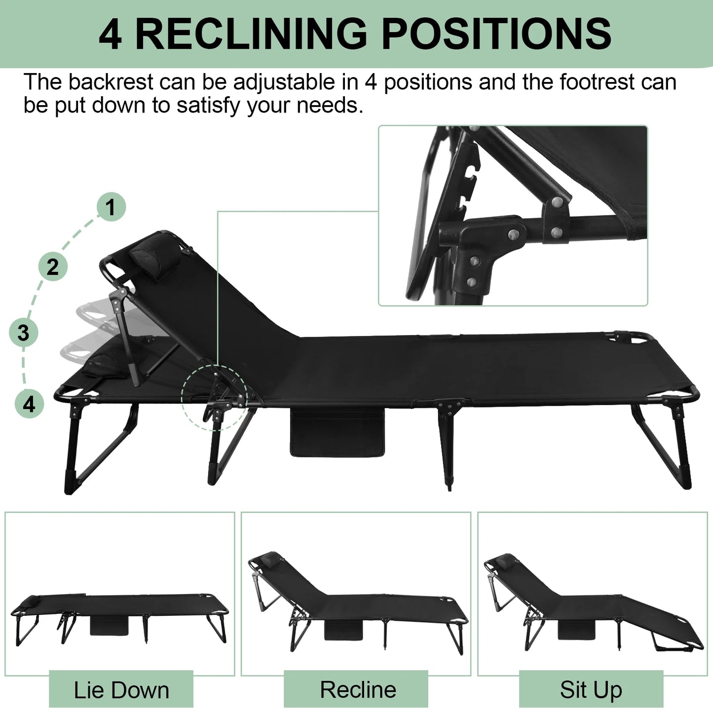 Lit de camp pliant portable 3 positions avec oreiller
