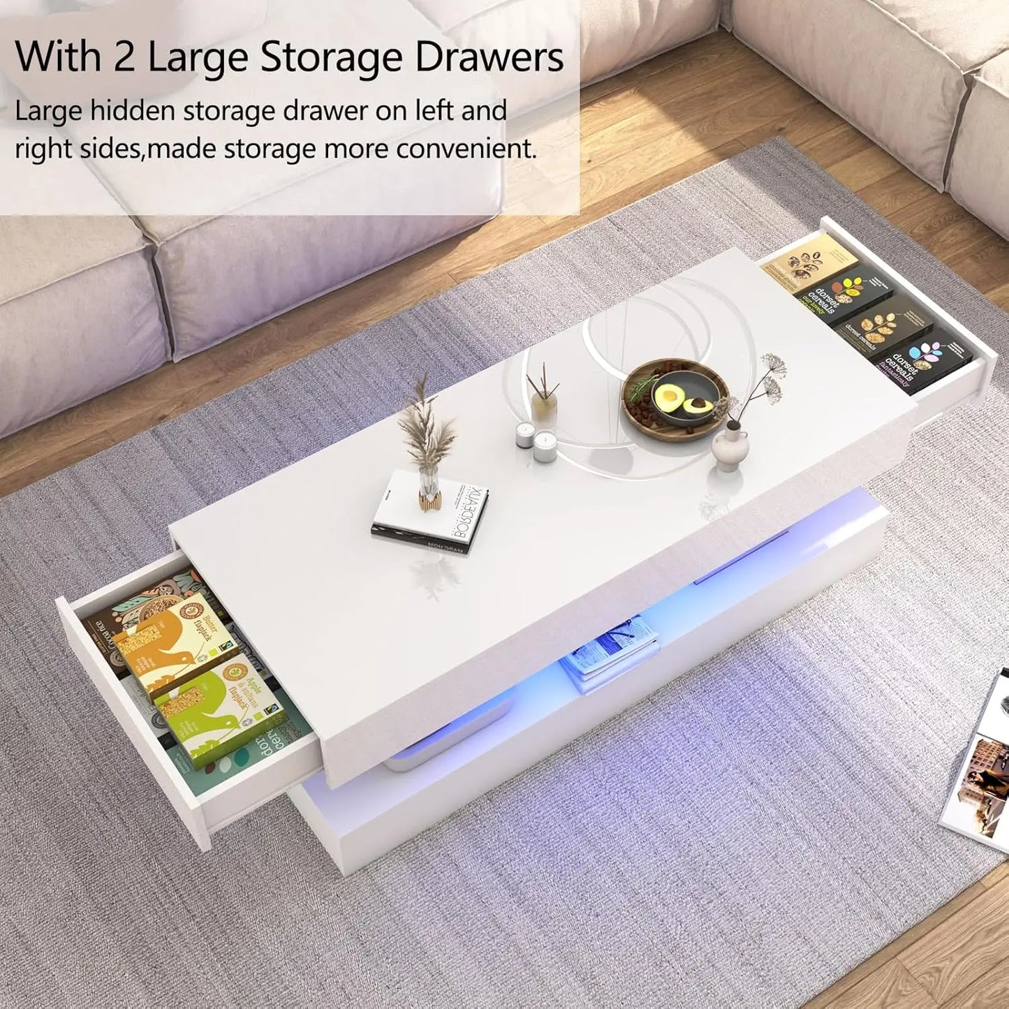 QiaoShiRen Modern LED Coffee Table With Two Storage Drawers