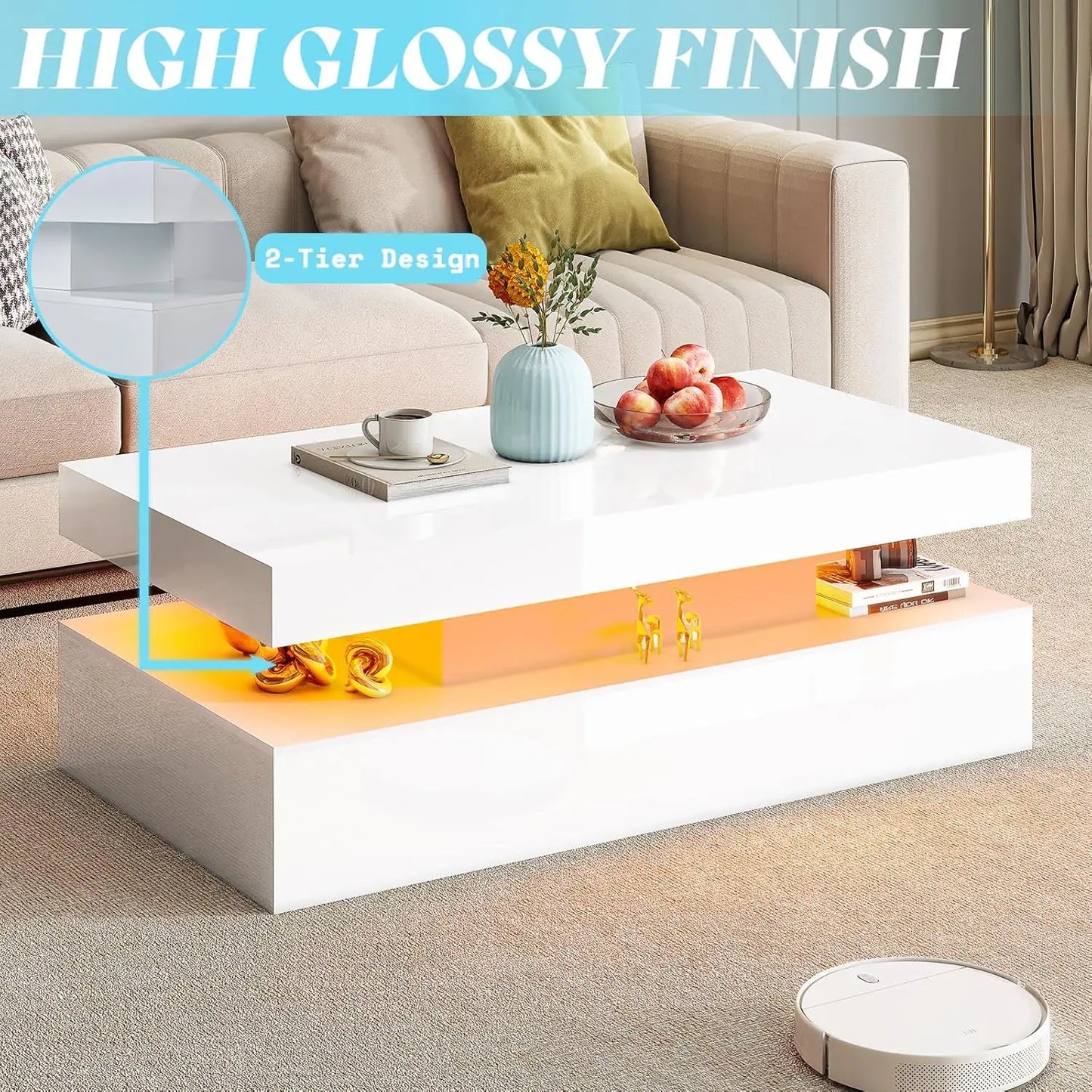 Modern High Gloss Living Room Table Set With Integrated LED