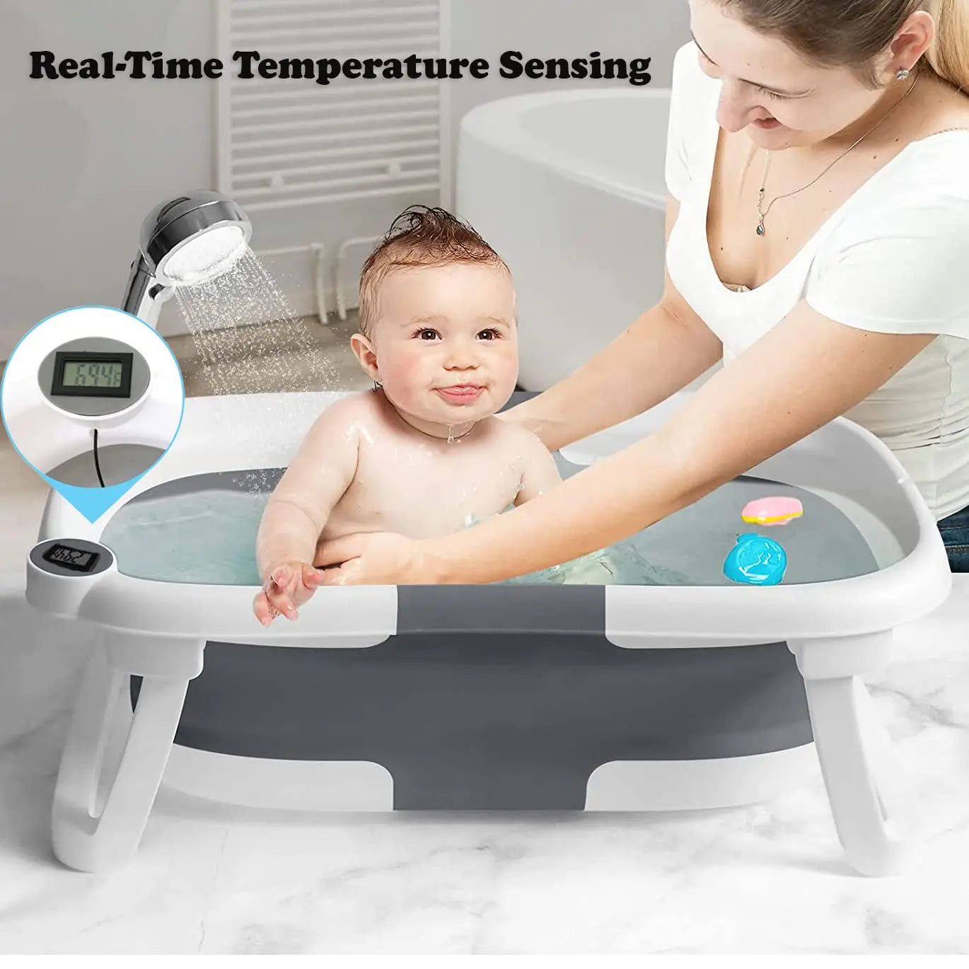 Baby Bath Tub With Cushion Thermometer Foldable Design