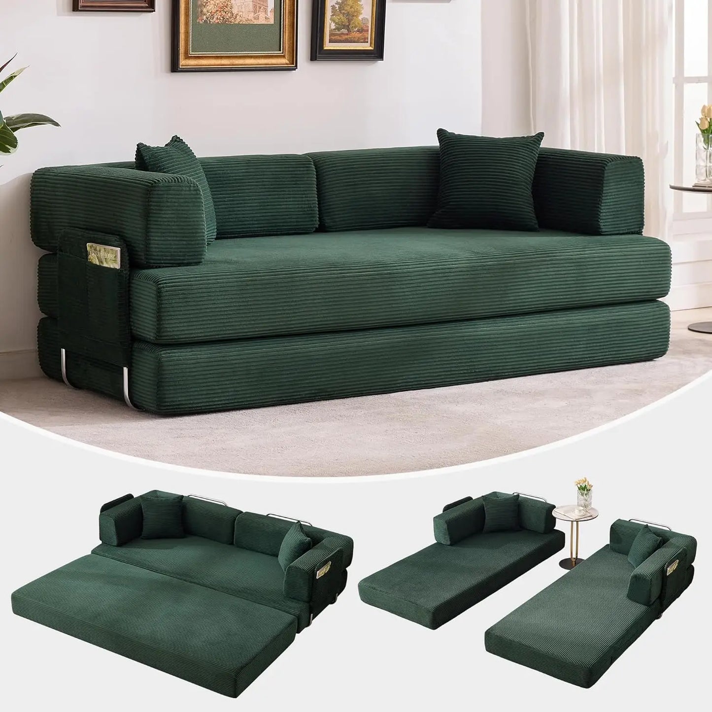 Convertible Sleeper Sofa 5-In-1 Folding Mattress Fixed Frame