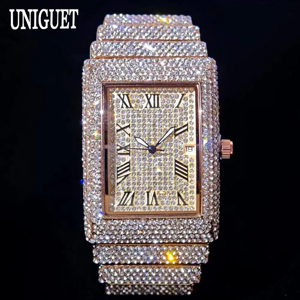 Ditaling Luxury Men Rectangle Stainless Steel Wristwatch With Calendar
