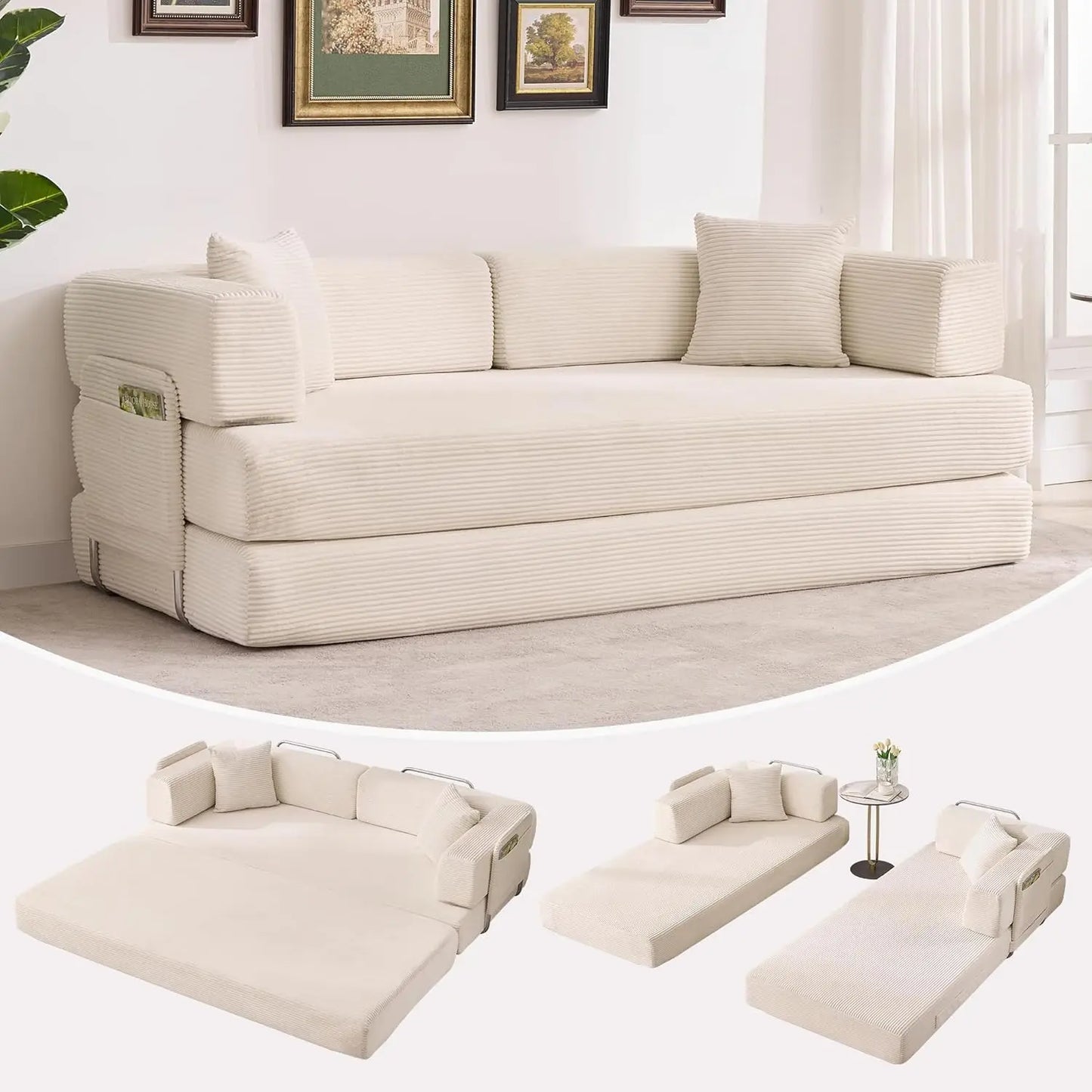 Convertible Sleeper Sofa 5-In-1 Folding Mattress Fixed Frame