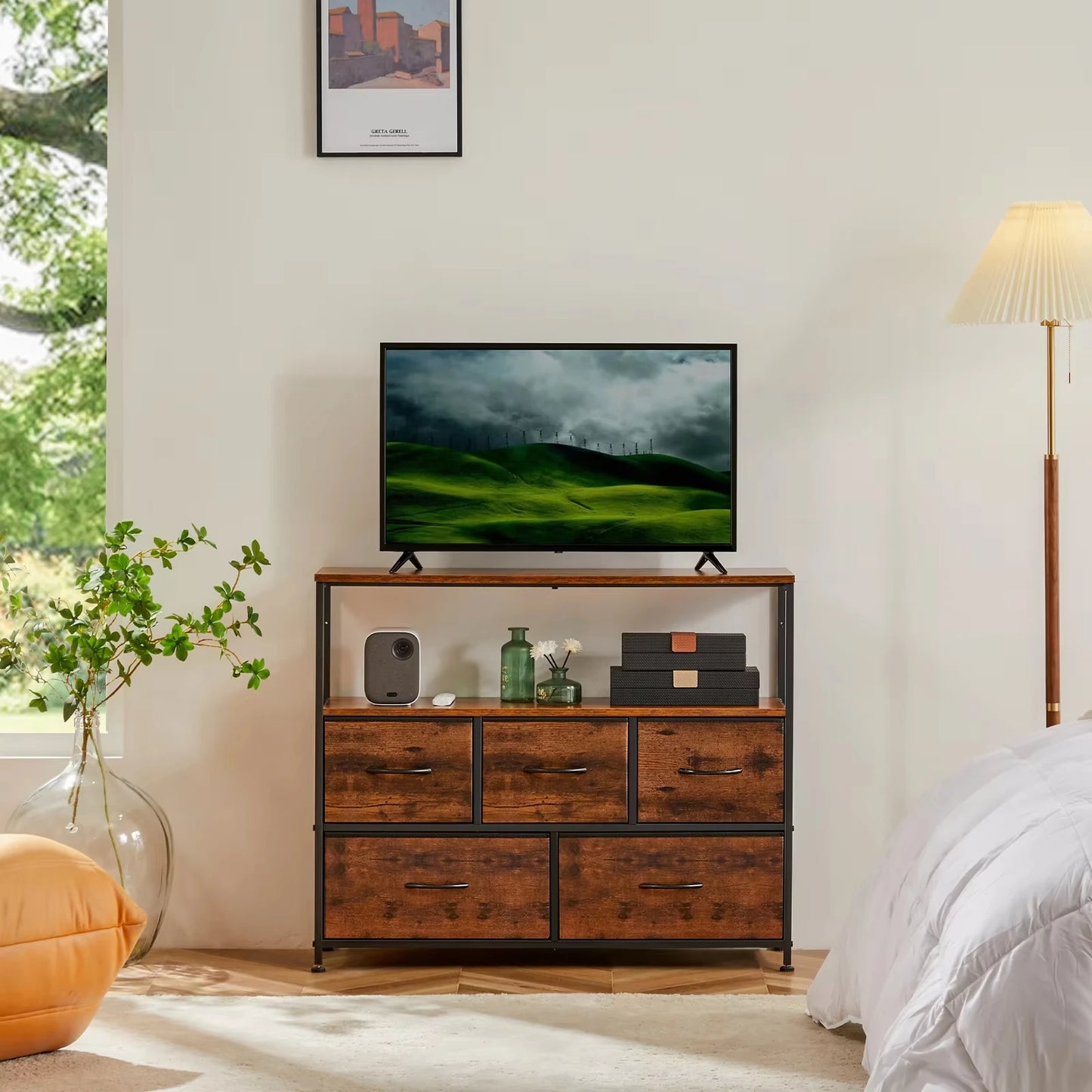 JHK Fireplace TV Stand Dresser With Fabric Drawers Storage Cabinet