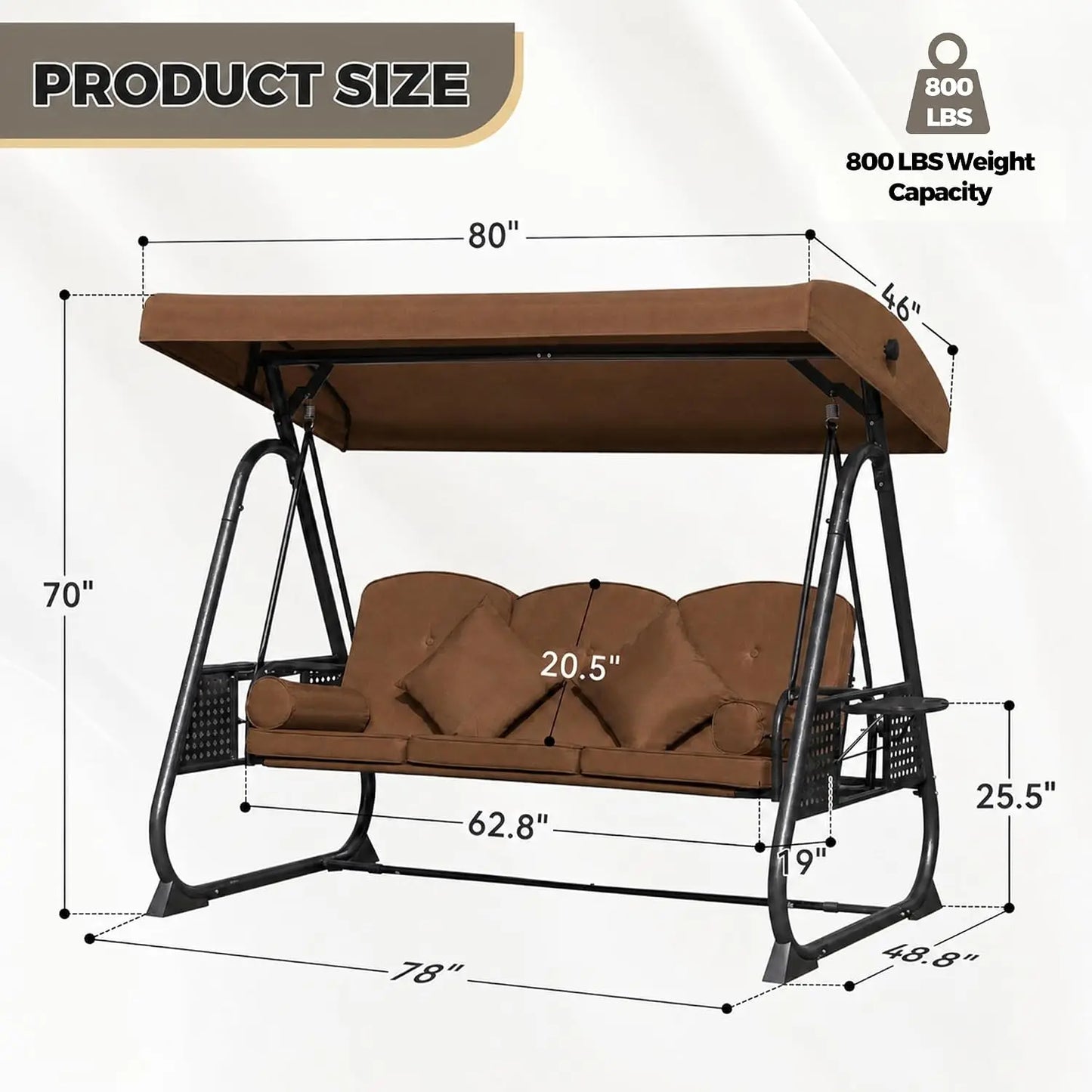 Outdoor Metal Patio Swing Chair With Canopy And Side Trays