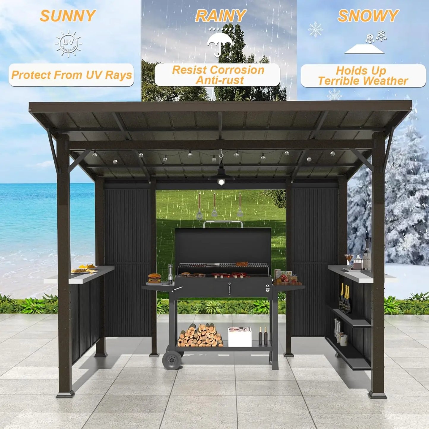 Grill Gazebo With Galvanized Steel Canopy Storage Shelves Privacy Screen