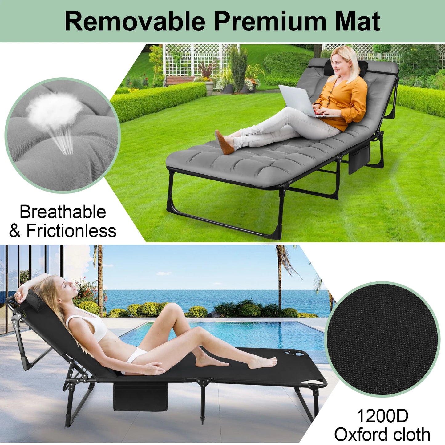 Lit de camp pliant portable 3 positions avec oreiller