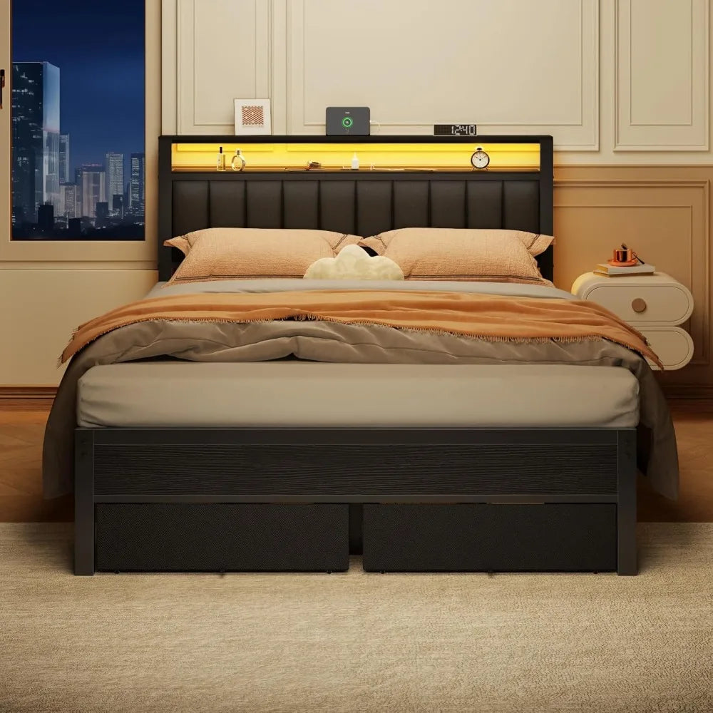 Bed Frame Charging Station And LED Lights, Upholstered Headboard Platform Bed