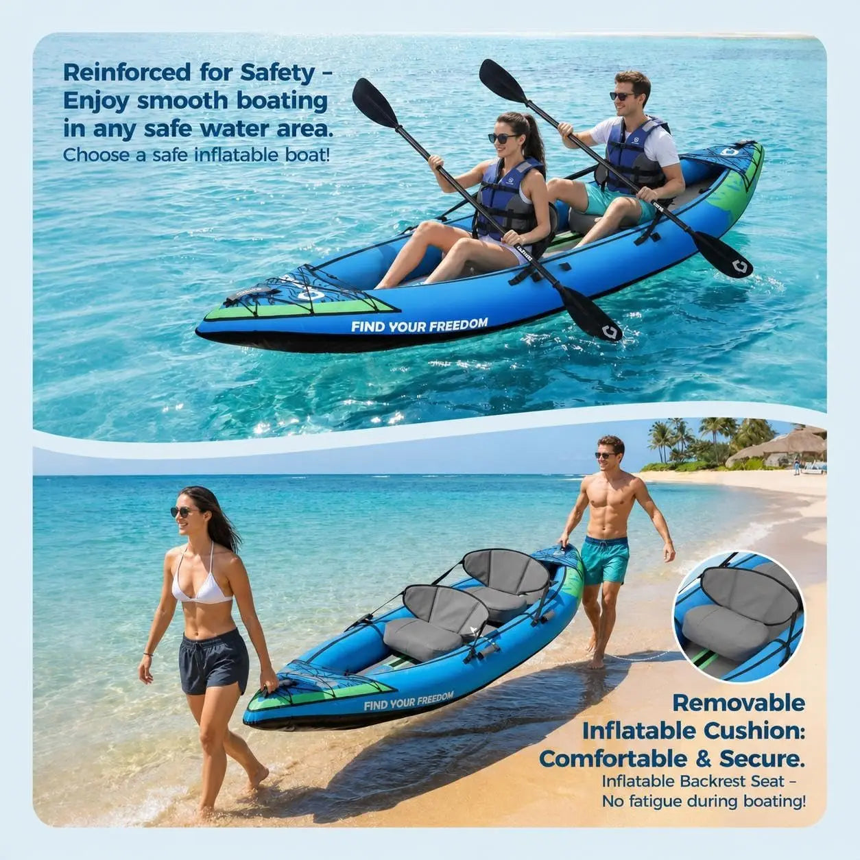 Heavy-Duty Inflatable Tandem Kayak With Adjustable Seats And Paddles