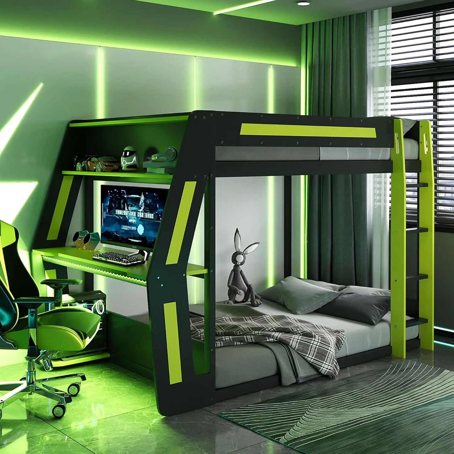 Gaming Bunk Bed With RGB Desk USB Ports And LED Light Strip