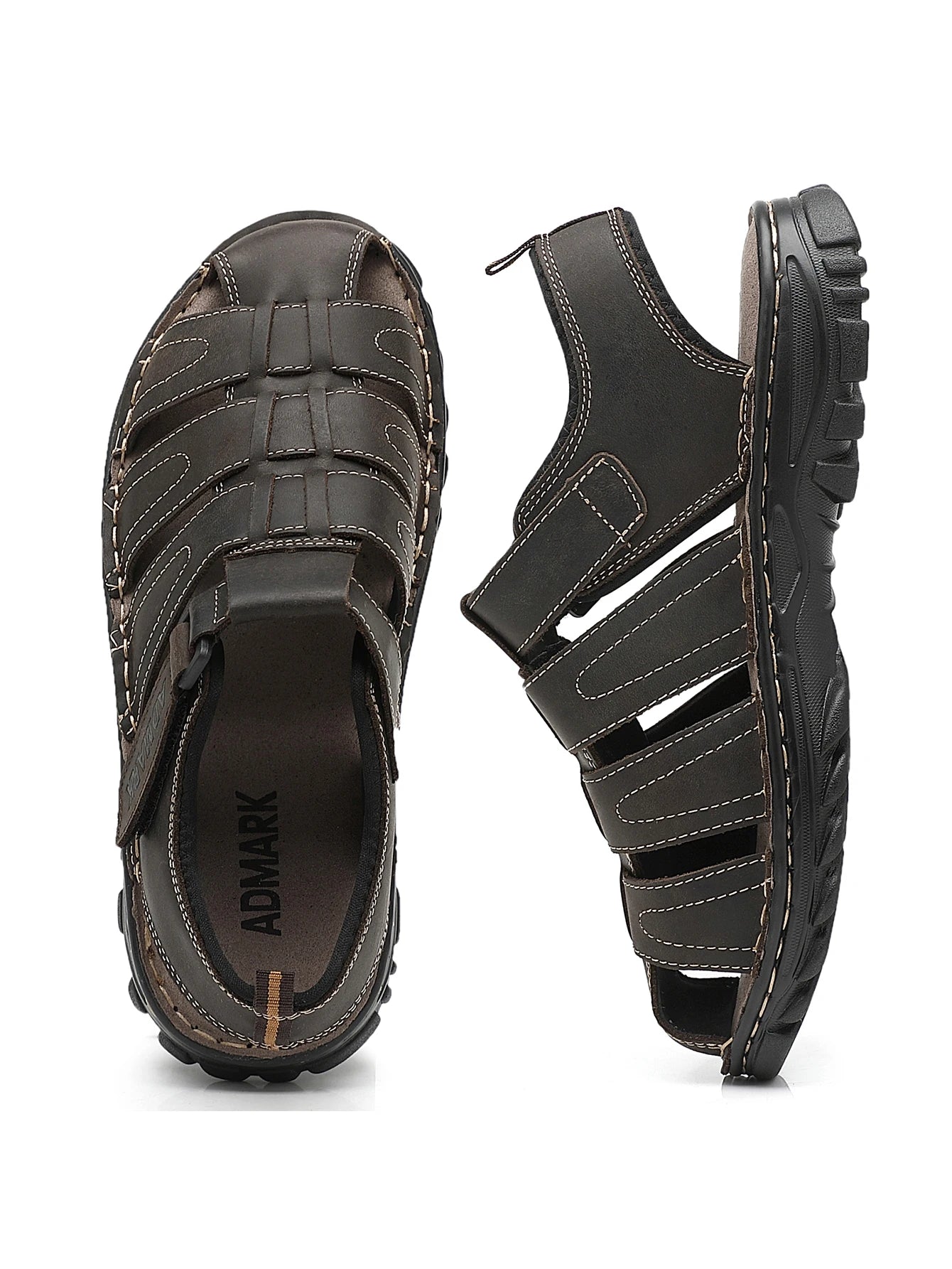 ADMARK Men's Closed Toe Full Grain Leather Fisherman Sandals With Arch Support