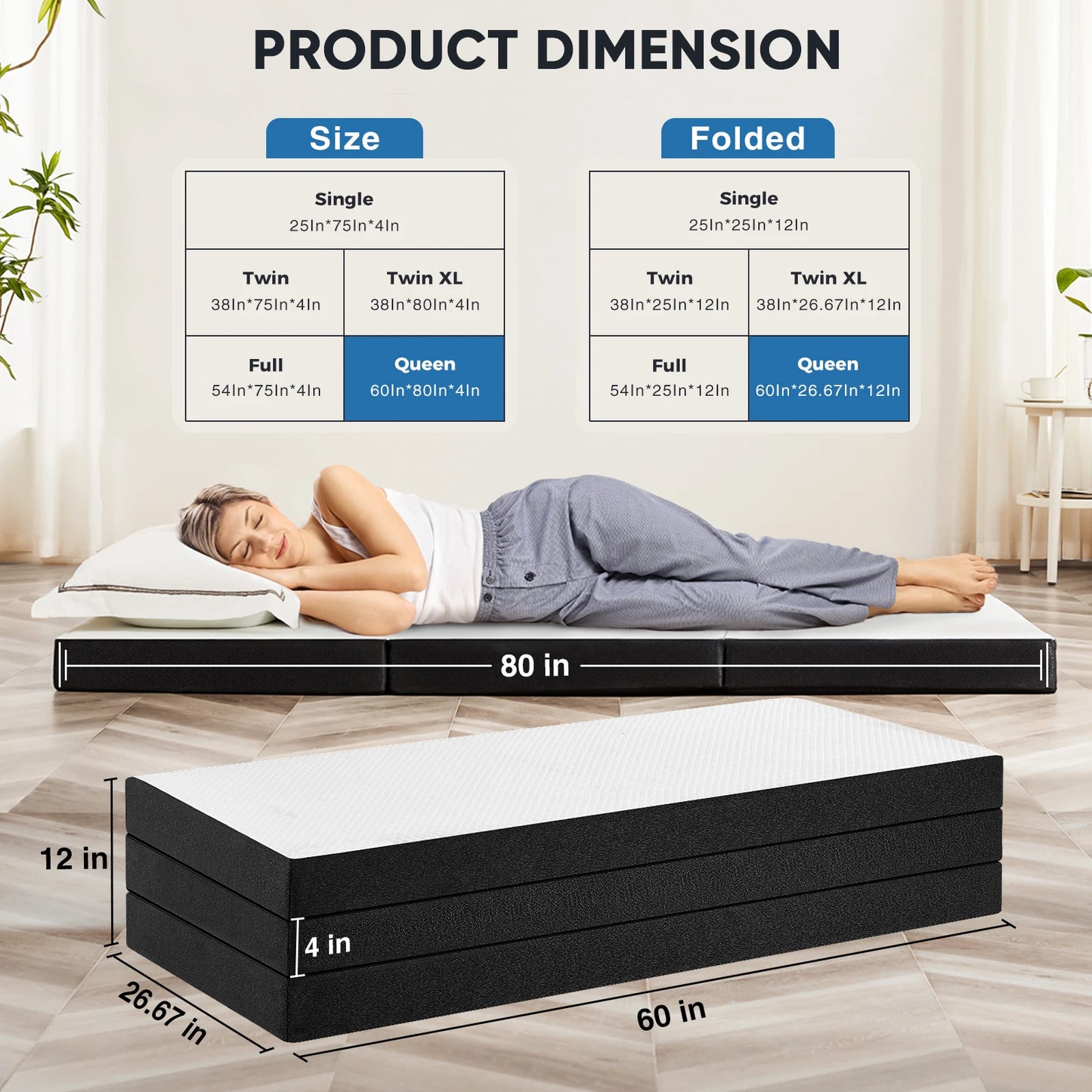 MCQ Foldable Tri Fold Mattress Portable Bed Pad CertiPUR Certified