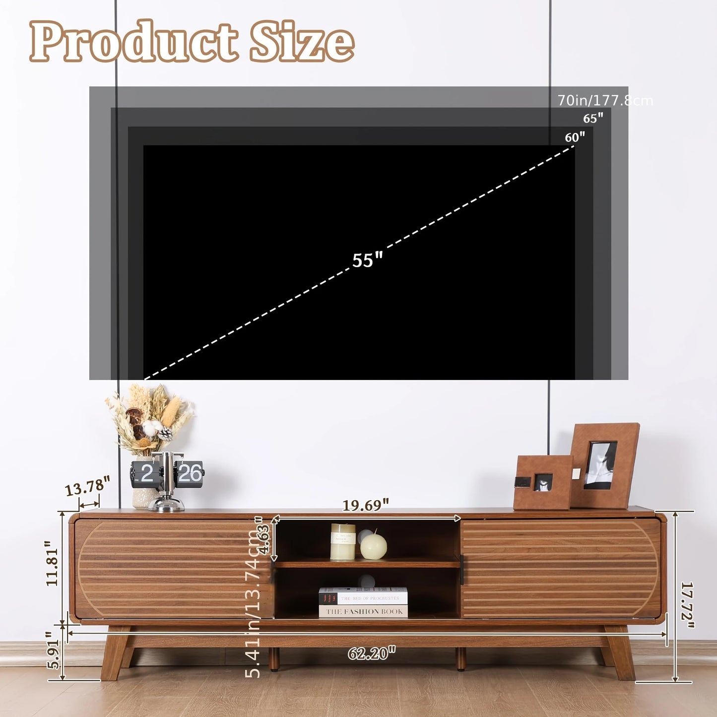 Mid Century Modern TV Stand With Fluted Sliding Door