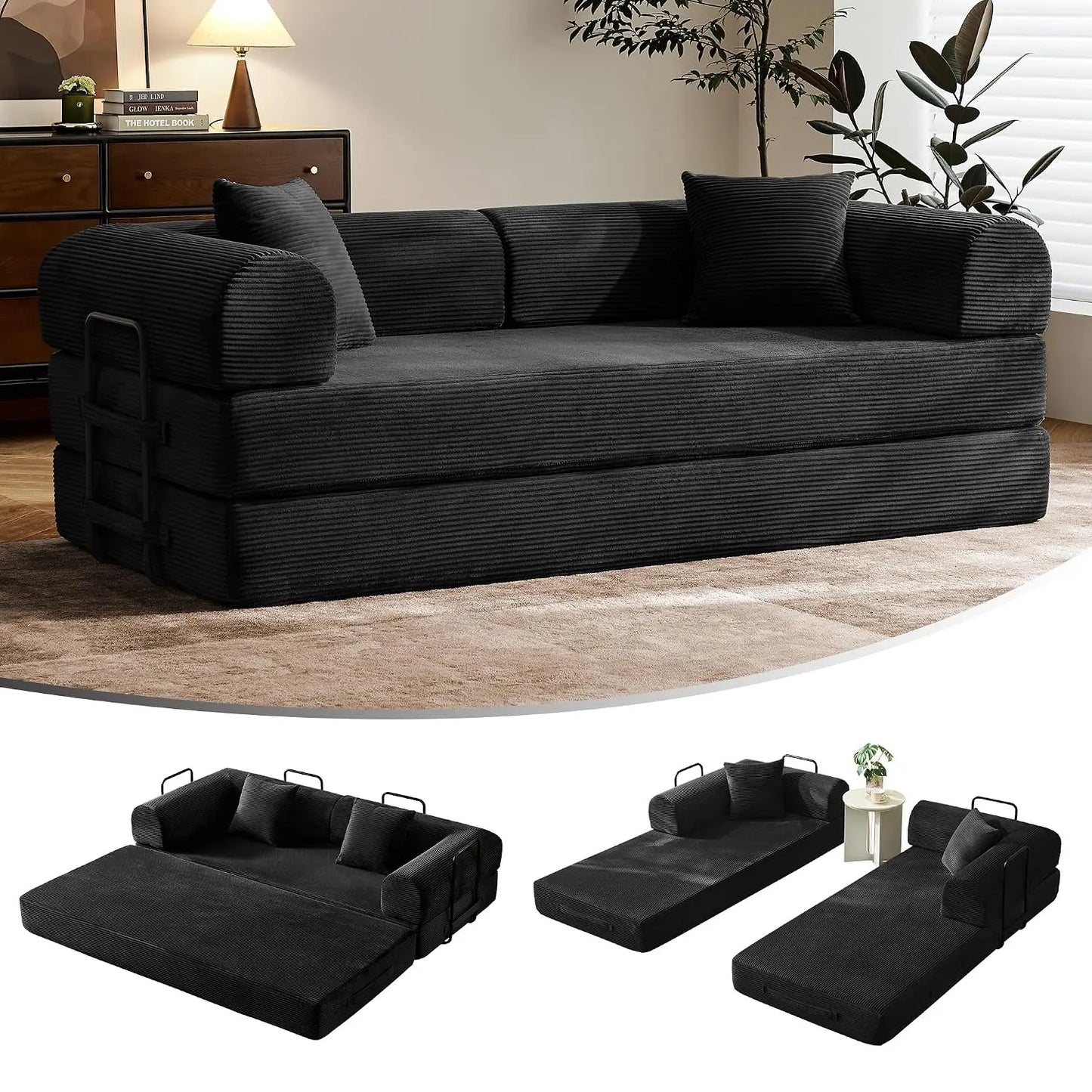 Corduroy Convertible Sofa Bed With Fixed Frame And Removable Armrests