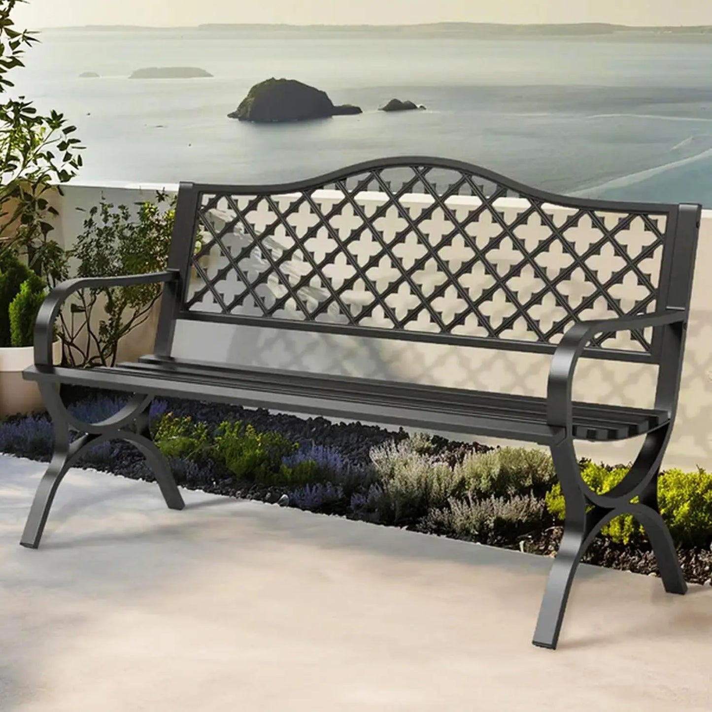 Cast Iron Garden Bench With Floral Backrest Slatted Seat