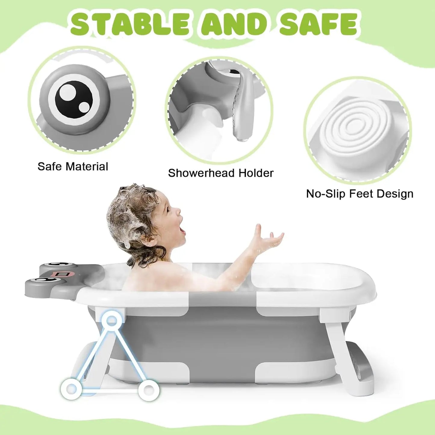 Baby Bath Tub With Cushion Thermometer Foldable Design
