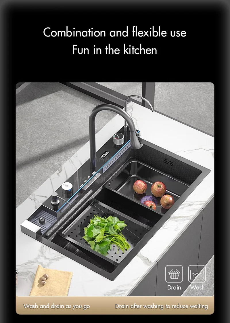 MYQualife 304 Stainless Steel Waterfall Kitchen Sink With Digital Display Faucet