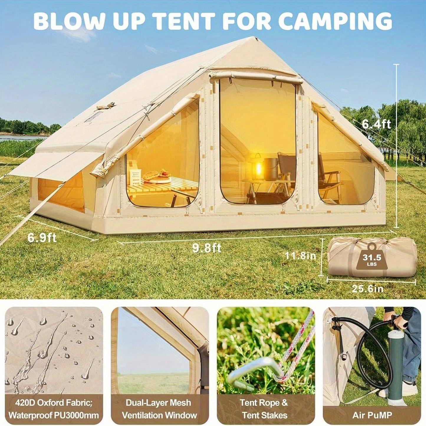 Inflatable Family Tent With Skylight Hand Pump And Chimney