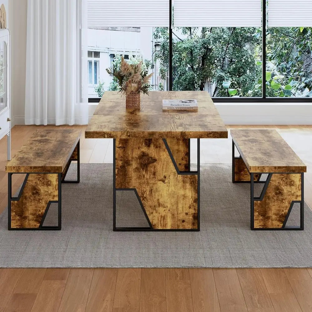 Modern Wooden Dining Table Set With Two Benches For Office